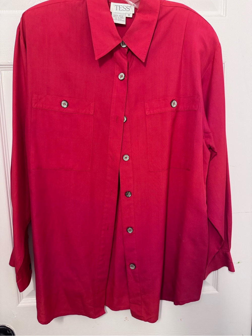 Tess Women's vintage 80’s hot pink 100% silk Button-Down Shirt with shoulder pad